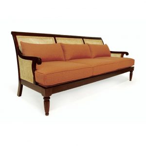 wicker and wood sofa with orange cushions
