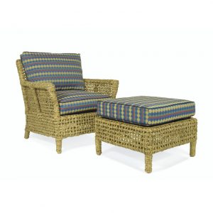 wicker chair and ottoman with colorful cushions