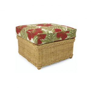 wicker ottoman and floral cushion
