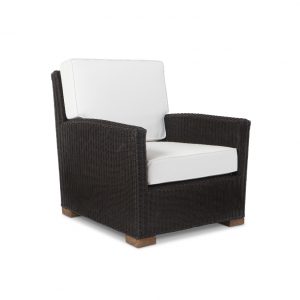 black outdoor wicker club chair with white cushion