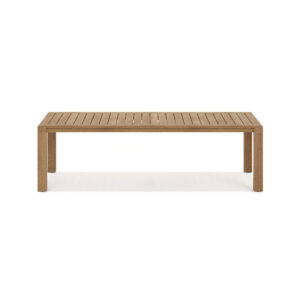 Solis 102-inch all teak rectangular dining table shown in an outdoor patio setting